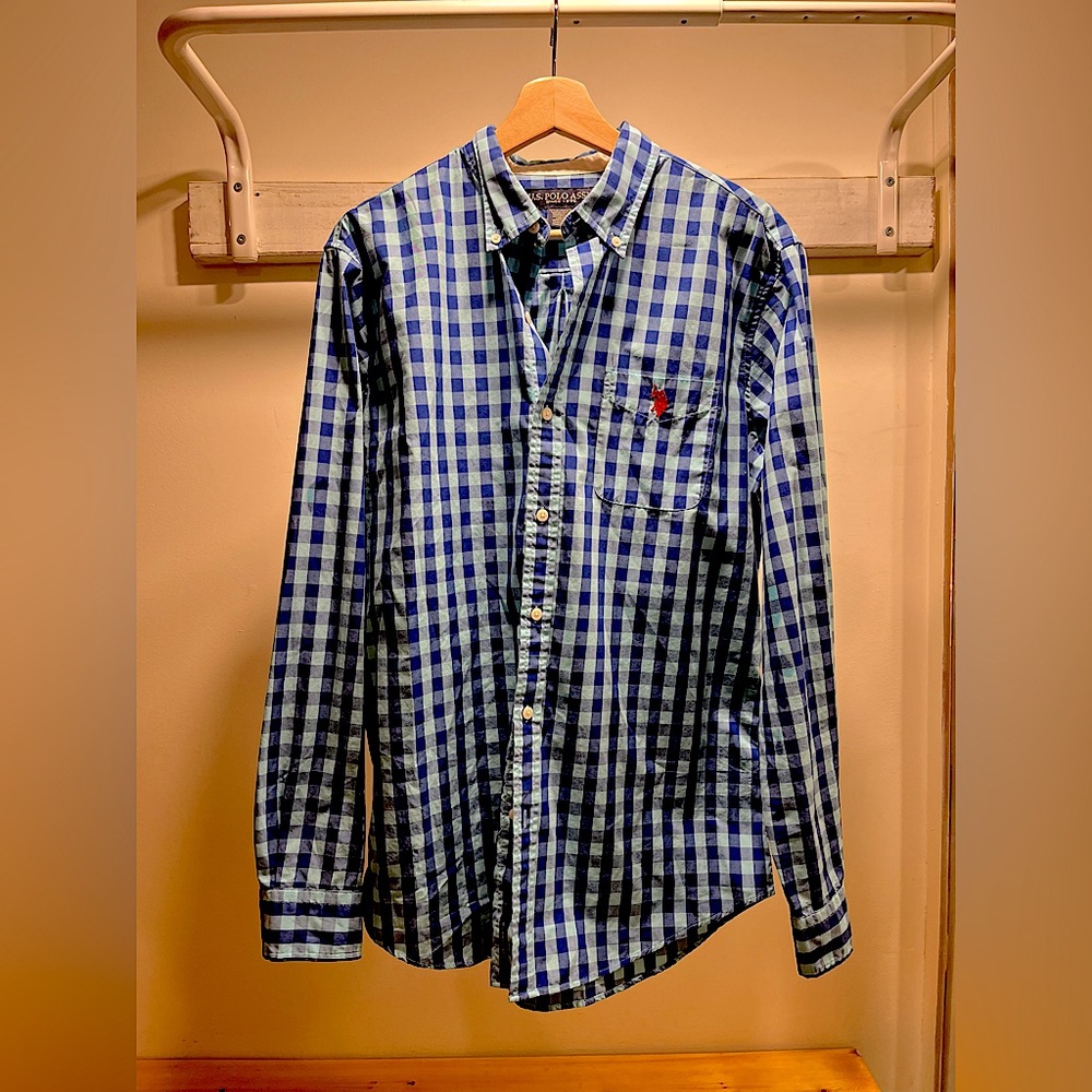 US POLO ASSN. blue check long sleeve button down shirt mens Large